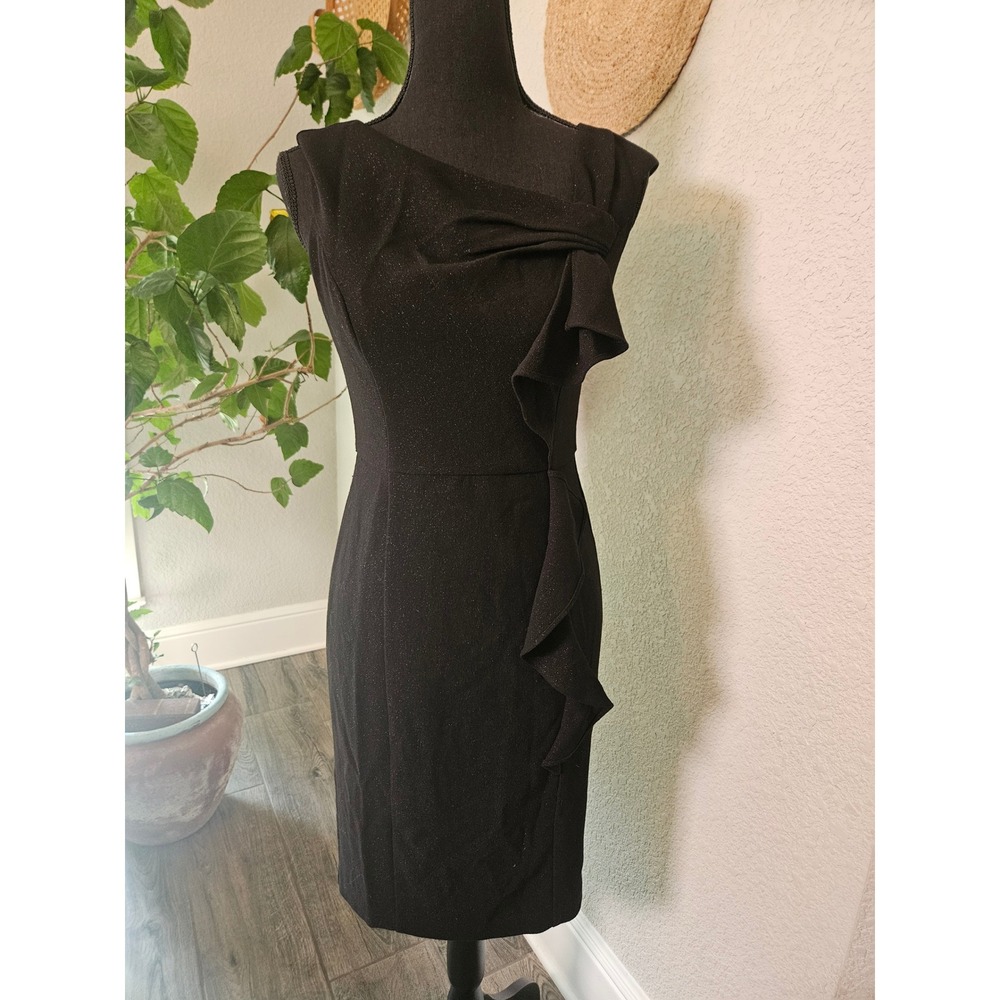 White House Black Market Black Shimmer Ruffle Sheath Dress Metallic Cocktail 0
